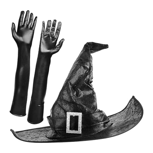 Genérico Hexenhüte für Damen, Hexenhut, Hexenhut für Zauberer-Kostüm, Zaubererhut mit langen Handschuhen, spitzer Hut, Hall-Kostüm-Zubehör Genérico Hexenhüte für Damen, Hexenhut, Hexenhut für Zauberer-Kostüm, Zaubererhut mit langen Handschuhen, spitzer Hut, Hall-Kostüm-Zubehör von Genérico