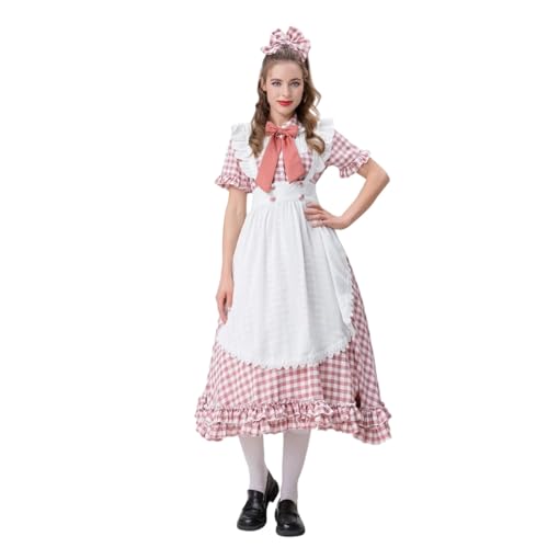 Genérico Kleid für Damen, Cosplay, Restaurantuniform für Damen, Dienstmädchen-Kostüm, kariert, Anime, niedliches Kostüm, 4-teiliges Set von Genérico