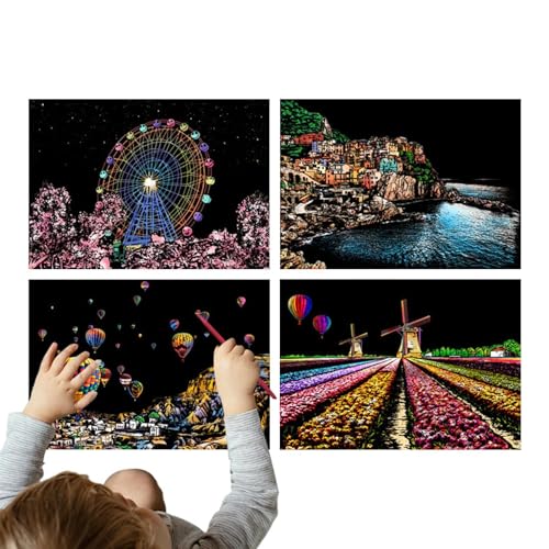 Genérico Scratch-Malset - Nachtsicht der Stadtserie mit 4 Bettlaken, Kunstgravur für Erwachsene und Kinder, A4 Scratch, Regenbogenpapier mit Feder von Genérico