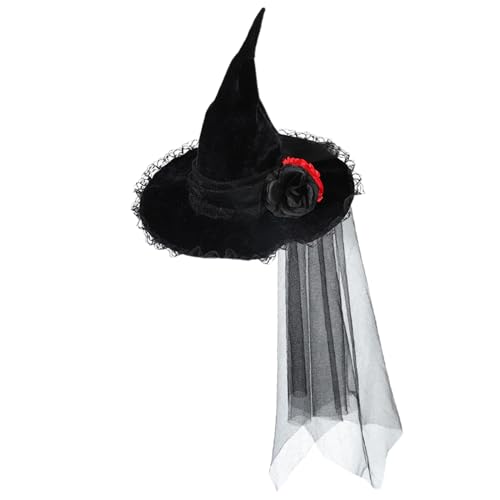 Hexenhut für Damen, Hexenhut aus Netzstoff, Halloween-Hexenhut mit Blume, schwarzer Hexenhut für Halloween, Cosplay-Hut für F-Kostüm von Genérico