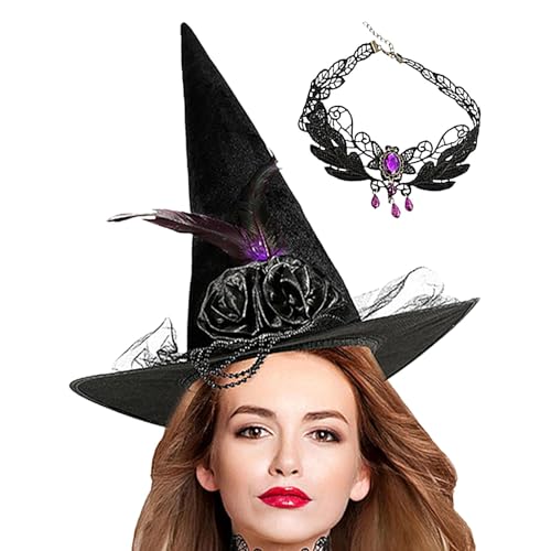 Hexenhut für Erwachsene, Hexenhut, Halloween-Cosplay-Hut, Hexenhut aus Spitze mit Federn, mit Edelstein-Halskette, Partyhut, Hut von Genérico
