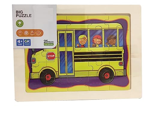 Puzzle aus Holz für Kinder, 25 Fliesen, Lernpuzzle für Kinder, Traktor, Feuerwehr, Schulbus (SCUOLABUS) von Generico