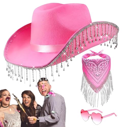 Jeanshut mit Strassquasten | Westernhut aus glänzendem Acryl | 3-teiliges Cowgirl-Schal | Set mit Strassquasten mit Herzbrille, Mädchen von Genérico