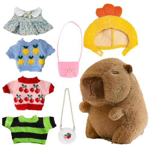 Plüschtier Carpincho - Plüschtier Angelschnecke mit 7 Kleidungsstücken und Accessoires Taschen Hüte | Süßes Capibara-Plüschspielzeug 25 cm, süßes Plüschtier für Mädchen / von Genérico