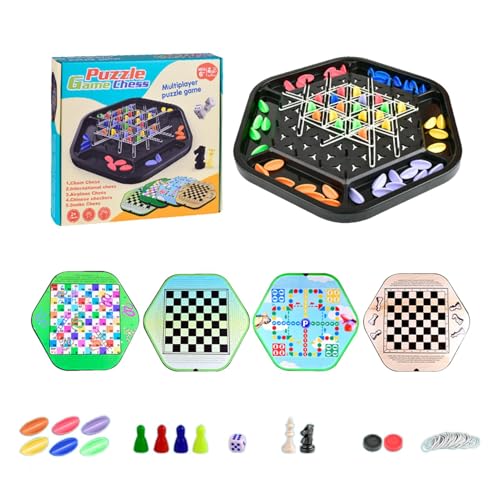 Schachspiel, Familienspiele, Schachspiele, 4-in-1 Familienspiele, geeignet für Reisen, Familien-Nachtbrettspiele mit Kette, Schlange und Damen, für Erwachsene und Kinder ab 3 Jahren von Genérico