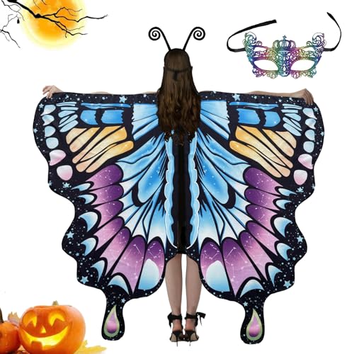 Schmetterlingsflügel-Kostüm für Damen, Halloween, Party, Butterfly Wings Shawl | Fairy Wing Dress Shawl mit Maske und Antennen-Stirnband für Tanz, Rollenspiel aus weichem Polyester von Genérico