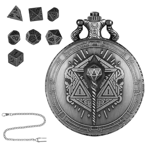 Taschenuhr-Würfel, kleines Würfelspiel – Tragbares Polyeder-Würfel-Set mit Taschenuhr-Gehäuse – kleines 7-teiliges Tischset, Metallwürfel, Stea Würfelzubehör von Genérico