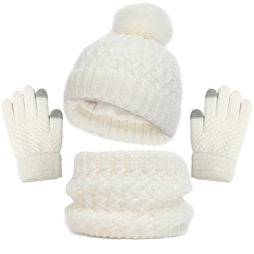 2024 AI Kinder Wintermütze Set Handschuhe Schal Hüte für Mädchen Kleinkind mit Strickpuppe Hals, Fleece gefütterte Handschuhe Krawatte Halloween (Weiß, 1-6 Jahre) von Générique