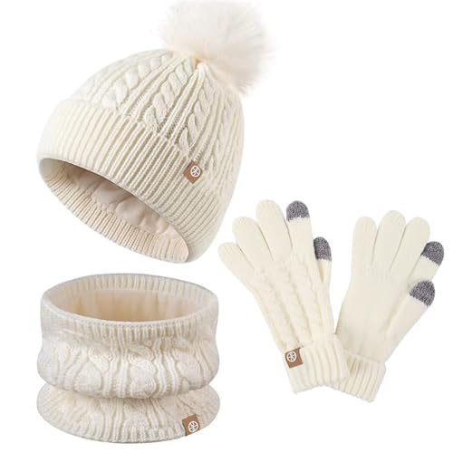 2024 AI Kinder Wintermütze Set Handschuhe Schal Hüte für Mädchen Kleinkind mit Strickpuppe Hals, Handschuhe mit Fleece gefütterte Handschuhe für Mama (White, One Size) von Générique