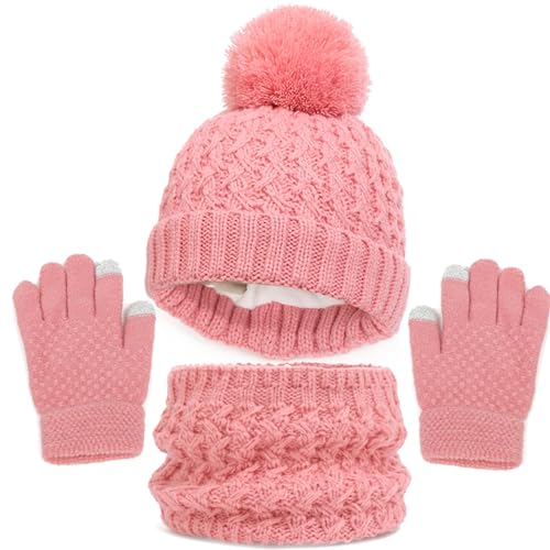 2024 AI - Set Wintermütze für Kinder, Handschuhe, Schal, Hüte für Mädchen, mit Strickpuppe, Hals, Handschuhe mit Fleece gefüttert, Mädchenhüte (Watermelon Red, 1-6 Jahre) von Générique