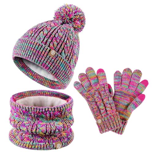 2024 - Kinder Wintermütze Set Handschuhe Schal Hüte für Mädchen Kleinkind mit Strickpuppe Hals Handschuhe mit Fleece gefüttert Kinder kleiden Hüte (Hot Pink, One Size) von Générique