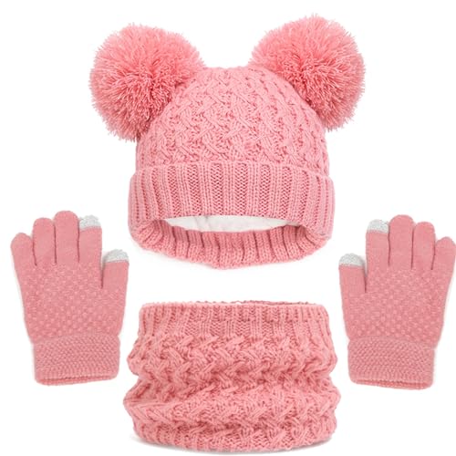 2024 - Kinder Wintermütze Set Handschuhe Schal Hüte für Mädchen Kleinkind mit gestricktem Pom Hals Handschuhe Fleece gefüttert Kappe (Watermelon Red, 1-6 Years) von Générique