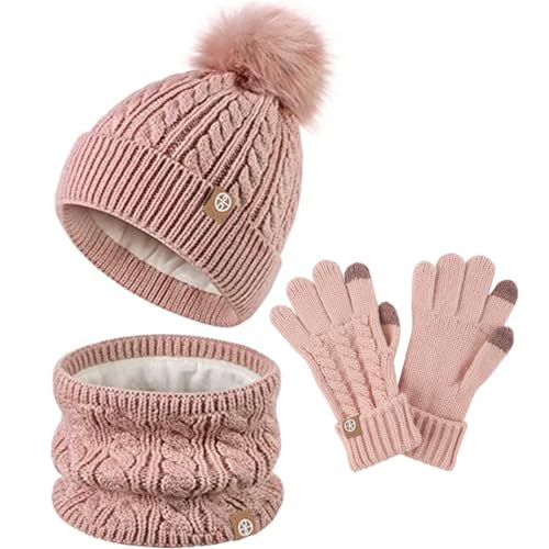 2024 - Kinder Wintermützen Set, Handschuhe, Schal, Hüte für Mädchen, mit Strickpuppe, Hals, Handschuhe mit Fleece gefüttert, Kinder kleiden Hüte (Pink, One Size) von Générique