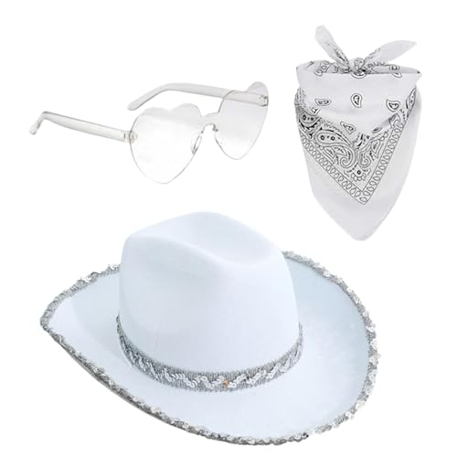 Cowboyhut – 3 Stück Cowgirl-Hut | Cowgirl-Hut Cowboy-Hut | Cowgirl-Hut | Modischer Cowboyhut | Cowboyhut mit Herz-Brille/Bandana | Co von Générique