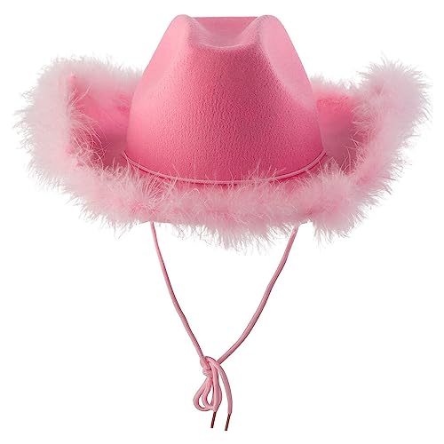 Générique 2024 – Rosa Hut mit Feder, flauschig, Feder, Krempe, Erwachsenengröße, Cowboyhut mit Federn für Kostüm, Party, Spielen, Kleidung für Frauen, Ski-Mütze, Herren, Nachtigall, Rosa, One size von Générique