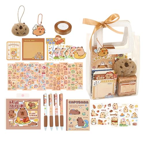 Générique Capybara Schreibwaren-Set für Schulbedarf Capybara | 109-teiliges Schreibwaren-Set mit Capybara-Motiv | Cartoon-Tierpapier mit Aufkleber, Geschenk D von Générique
