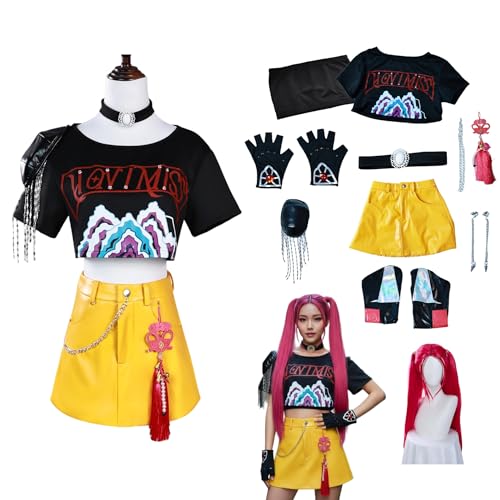 Générique Demon Hunter Cosplay Kostüm Perücke KPop HUNTR/X Cosplay Anime Rumi/Mira/Zoe K-Pop Kostüm Ring und Zubehör für Halloween Karneval Party (Mira, M) von Générique