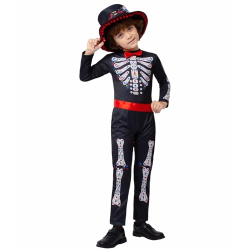 Générique Halloween-Kostüm für Kinder, Skelett, Tag der Toten, Mexikanisches Cosplay, für Kostümpartys, Shows und Karneval, mit bedruckten Knochen, für 3 bis 13 Jahre, Verkleidung für Kinder von Générique