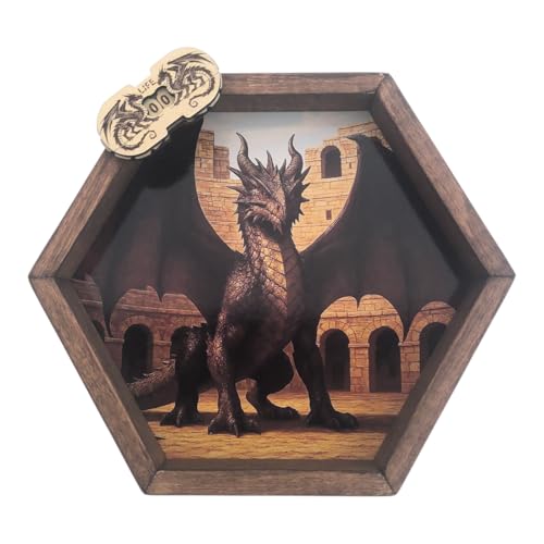 Générique Hexagonale Würfelbahn aus Holz – mit eingraviertem Lebenszähler – Wurfbrett für Rollenspiele und Gesellschaftsspiele (Ein Drache in der Arena) von Générique