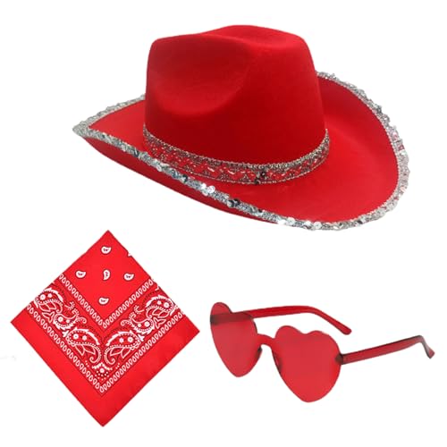 Générique Pailletten Cowgirl Hut - Cowboyhut Carnival | Modischer Helm mit Bandana und Brille zum Sammeln eines Hochzeitskonzerts Country Kostüm Karneval von Générique