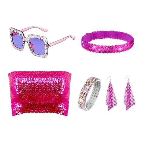 Générique Retro Disco Accessoires, Disco Kostüm Set - Vintage Accessoires Damen | 5-teiliges Paillettenkostüm mit Top, Röhrchen, Ohrring, Sonnenbrille, Armband Générique Retro Disco Accessoires, Disco Kostüm Set - Vintage Accessoires Damen | 5-teiliges Paillettenkostüm mit Top, Röhrchen, Ohrring, Sonnenbrille, Armband von Générique