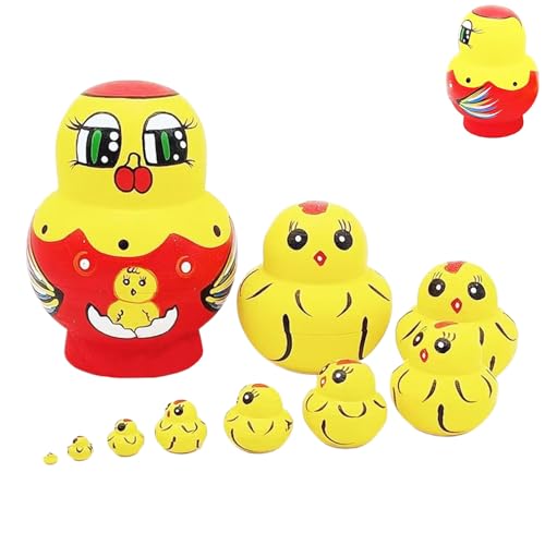 Générique Russian Nesting Puppen Chicken, Holztiermuster Stacking Spielzeug mit 10 x Nestingfiguren, handbemalte Pultry Crafts, ideal für Bildung, Playroom, Display, Überraschung von Générique