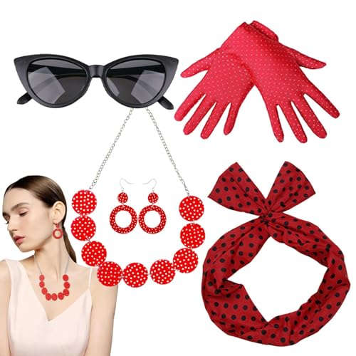 Générique Zubehör Kostüm Damen 50er Jahre | Accessoires mit Punkten im Retro-Stil | 5-teiliges Retro-Disco-Outfit für Damen und Mädchen Partys mit Freunden von Générique
