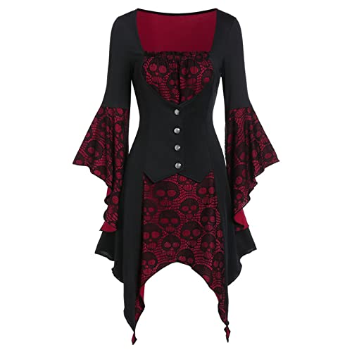 Halloween Kostüm Mittelalterliche Kleider Damen Gothic Viktorianisch Kostüm mit Totenkopf Druck Trompetenärmel Halloween Cosplay Karneval Party Maxi Kleider von Générique