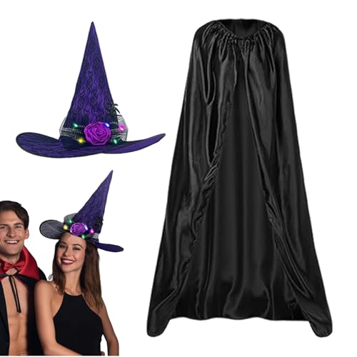 Halloween-Kostüm-Umhang, Halloween-Umhang | Set mit Hexenmantelumhängen, Halloween-Kostümen, schwarzes Umhang mit leuchtendem Hexenhut für Erwachsene für Rollenspiele von Générique