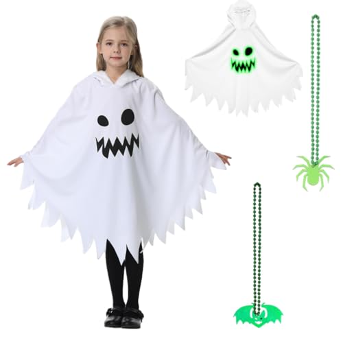 Halloween-Kostüm für Kinder, weißes Geister-Kostüm mit 2 im Dunkeln leuchtenden Dekorationen, Halloween-Umhang mit Kapuze, Rollenspiel Verkleidung für Jungen und Mädchen von Générique