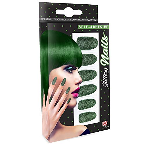 Widmann 05353 - Fingernägel Set, Glitzer Smaragdgrün, 12 Stück, selbstklebend, Accessoire, Karneval, Mottoparty, Halloween von Widmann