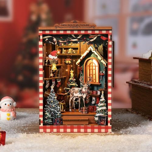 Leseecken-Set – Miniatur-Haus-Set zum Selbermachen für Erwachsene und Anfänger, Weihnachtsszene, 3D-Puzzle aus Holz, Buchstütze, Regal, Dekoration mit LED-Licht, Puppenhaus (1) von Générique
