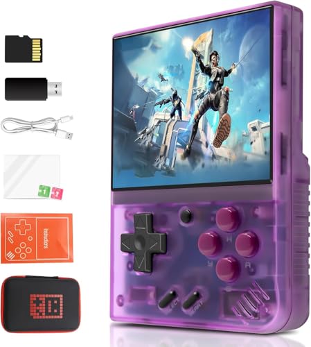 Mi-Yoo Mini Plus tragbare Konsole, 8,9 cm (3,5 Zoll), IPS-Bildschirm mit 5500+ klassischen Spielen, unterstützt kabelloses Gamepad, integrierte 64G-Karte (transparent, violett) von Générique