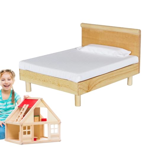 Miniatur-Holzpuppenbett mit Mattress & Kissen | Möbel, 1/12 Maßstab für Raumdekoration, Holzpuppenbett für Sammlerpuppen, Spielhäuser und Räume von Générique