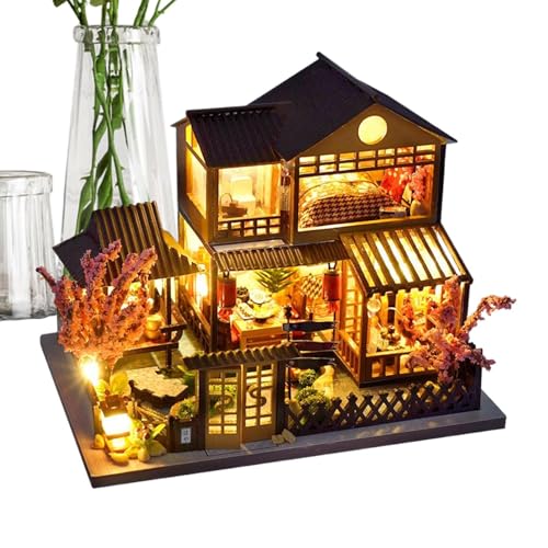 Miniaturhaus aus Holz 3D – Baupuzzle für Erwachsene | Realistisches Villa-Set mit LED-Licht, kreative Bausteine für handwerkliche Aktivität, Heimdekoration, Bibliothek und von Générique