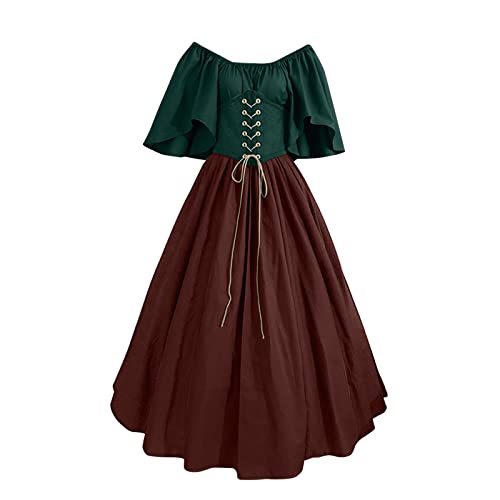 Mittelalterliches Kleid Damen Halloween Renaissance Maxikleid mit kurzen Ärmeln Steampunk Klassisch Vintage Gothic Kostüm Damen Schulterfrei Swing Rock Cosplay 2025 Langes Halloween-Kleid von Générique