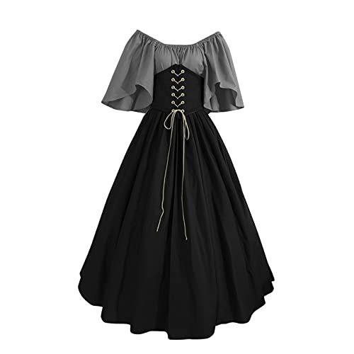 Mittelalterliches Kleid Damen Halloween Renaissance Maxikleid mit kurzen Ärmeln Steampunk Klassisch Vintage Gothic Kostüm Damen Schulterfrei Swing Rock Cosplay 2025 Langes Halloween-Kleid von Générique