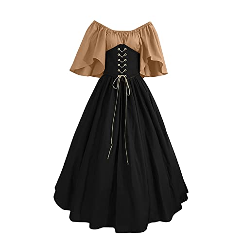 Mittelalterliches Kleid Damen Halloween Renaissance Maxikleid mit kurzen Ärmeln Steampunk Klassisch Vintage Gothic Kostüm Damen Schulterfrei Swing Rock Cosplay 2025 Langes Halloween-Kleid von Générique
