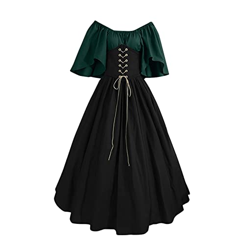 Mittelalterliches Kleid Damen Halloween Renaissance Maxikleid mit kurzen Ärmeln Steampunk Klassisch Vintage Gothic Kostüm Damen Schulterfrei Swing Rock Cosplay 2025 Langes Halloween-Kleid von Générique