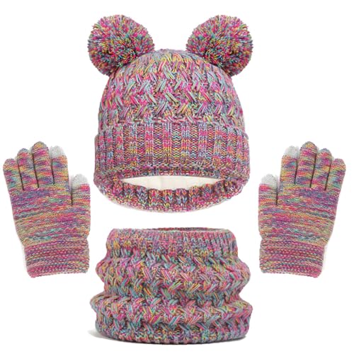 Neu 2024 Kinder Wintermütze Set Handschuhe Schal Hüte für Mädchen Kleinkind Strickpuppe Hals Handschuhe Fleece gefüttert Weihnachten Tiara (Hot Pink, 1-6 Years) von Générique
