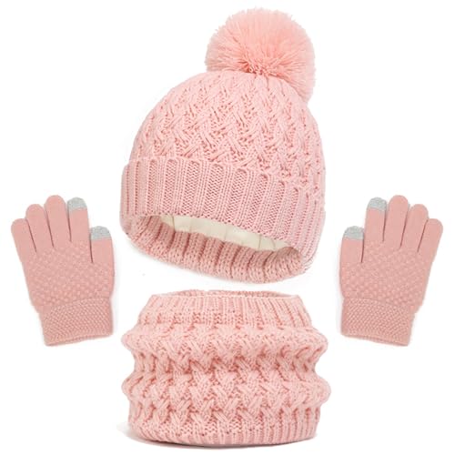 Neu 2024 Kinder Wintermützen Set Handschuhe Schal Hüte für Mädchen Kleinkind mit Strickpuppe Hals Handschuhe Fleece gefüttert Handschuhe Cowboy Hüte für (Pink, 1-6 Years) von Générique
