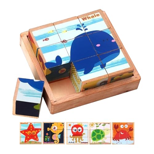 Puzzles Würfel aus Holz für Kleinkinder, Würfelpuzzle mit Aufbewahrungstablett, Tierpuzzle-Spielzeug – Puzzlespielzeug aus Meerestieren aus Holz für Kleinkinder, Mädchen und von Générique