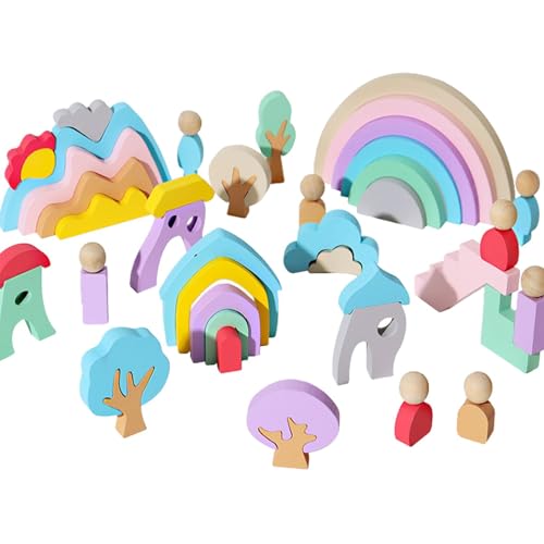 Regenbogen Stapel aus Holz, Stapelblöcke, 44 Stück Bausteine für Regenbogen-Spielzeug, Regenbogen-Blöcke | Stapelblöcke für Kleinkinder, stapelbares Spielzeug, Holzbausteine für von Générique