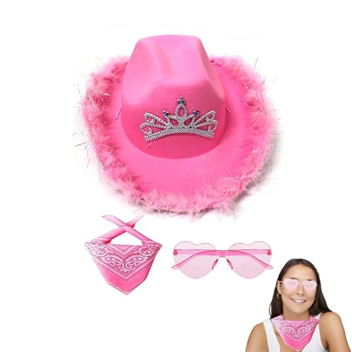Rosa Cowgirl-Hut-Filz Cowgirl Hat in Shining for Women | Attraktives Partyzubehör aus Polyester mit quadratischem Schal und befestigter Herzbrille für Männer, Frauen, Mädchen, Rosa Cowgirl-Hut-Filz Cowgirl Hat in Shining for Women | Attraktives Partyzubehör aus Polyester mit quadratischem Schal und befestigter Herzbrille für Männer, Frauen, Mädchen, von Générique