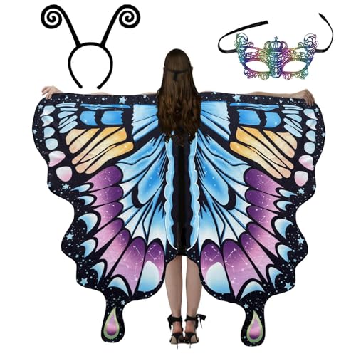 Schal mit Schmetterlingsflügeln – Kostüm für Damen | Halloween-Kostüm mit Schmetterlingsflügel mit Maske und Antennenstirnband, Umhang für Tanz und Rollenspiel, verwandeln Sie sich in einen von Générique