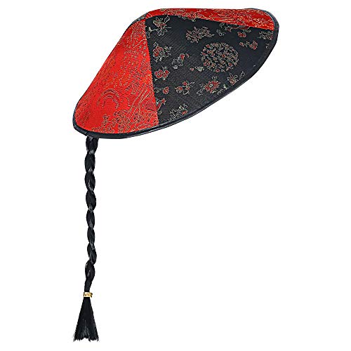 Widmann 2595C - Chinesen Hut mit Zopf, aus Satin, Schwarz/Rot, Hut, Kopfschmuck, Accessoire, Mottoparty, Karneval von WIDMANN