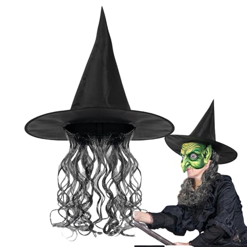 Schwarzer Hexenperückenhut, Halloween-Hexenperückenhut | Halloween-Cosplay-Set: Halloween-Cosplay-Kostüm, Hexenperücke, Horror-Cosplay-Perücke, Vollhut für Halloween von Générique