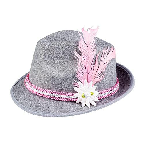 Boland - Hut Volksfest, Filz-Hut mit Bändern und Blume, Bayer, Bayerin, Tiroler-Hut, Accessorie, Kostüm, Karneval, Mottoparty, Grau-rosa von Boland