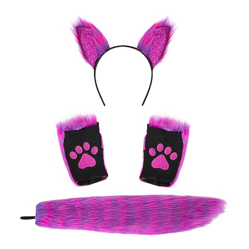 Tierohren und Wolfsschwanz Set, Halloween Tier Cosplay Set - Halloween Karneval Maskerade für Frauen | Halloween Kostüme Plüschohren Schwanz Handschuhe Set von Générique