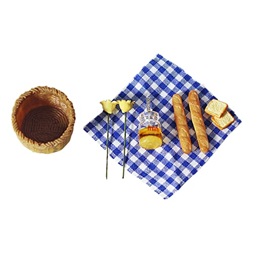 1/12 Lebensmittel Miniatur Dekor Puppenhaus Miniatur Lebensmittel Brot im Korb & Picknick Tuch Set für Puppenhaus Dekoration Display Requisiten Modell Sammlerpupe (Blue, One Size) von Generisch